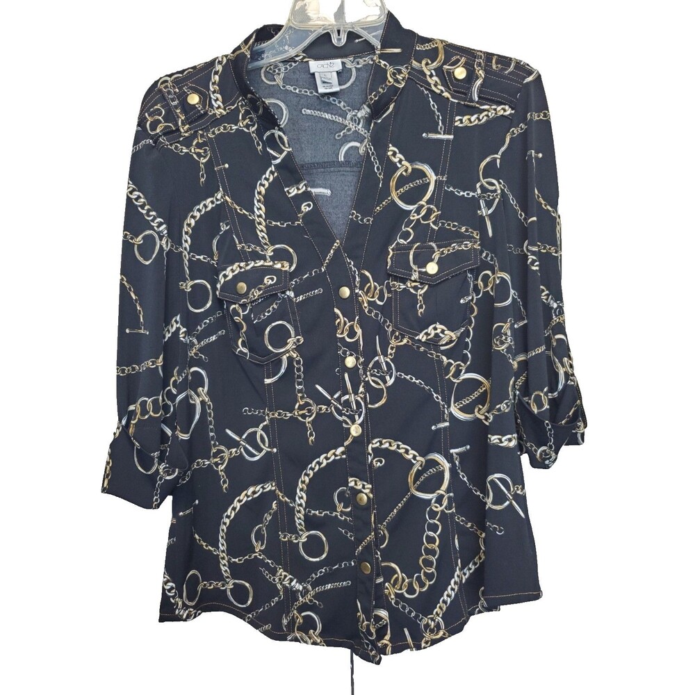 Cache Chain Print Epaulet Roll-Tab Sleeve Snap-Up… - image 1